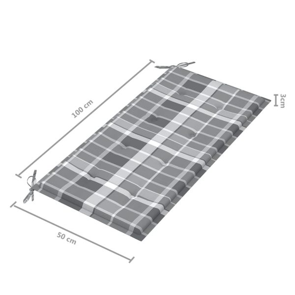 Tuinbank Met Grijs Geruit Kussen 112 Cm Massief Teakhout - Afbeelding 9