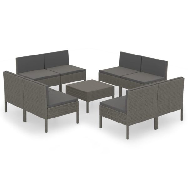 9-Delige Loungeset Met Kussens Poly Rattan Grijs - Afbeelding 2