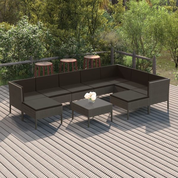 10-Delige Loungeset Met Kussens Poly Rattan Grijs