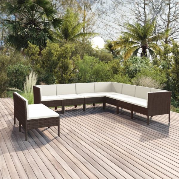 9-Delige Loungeset Met Kussens Poly Rattan Bruin