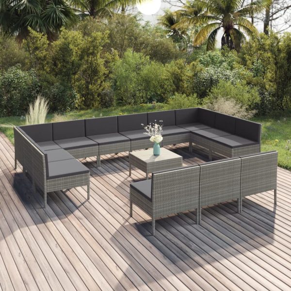 14-Delige Loungeset Met Kussens Poly Rattan Grijs