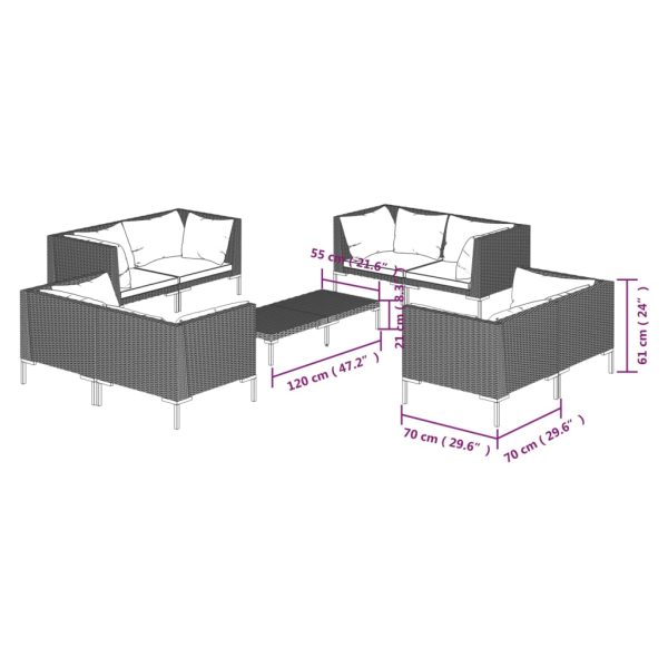 9-Delige Loungeset Met Kussens Poly Rattan Donkergrijs - Afbeelding 7