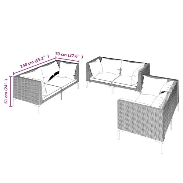 6-Delige Loungeset Met Kussens Poly Rattan Donkergrijs - Afbeelding 5