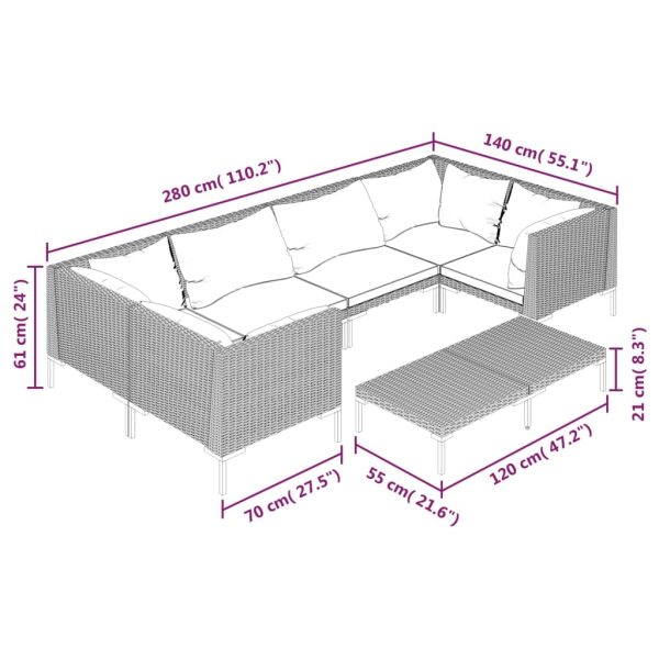 7-Delige Loungeset Met Kussens Poly Rattan Donkergrijs - Afbeelding 9