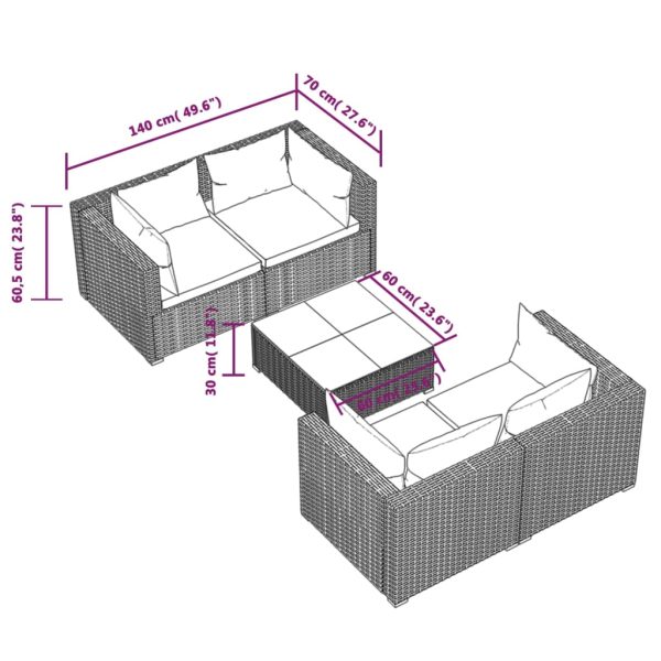 5-Delige Loungeset Met Kussens Poly Rattan - Afbeelding 7