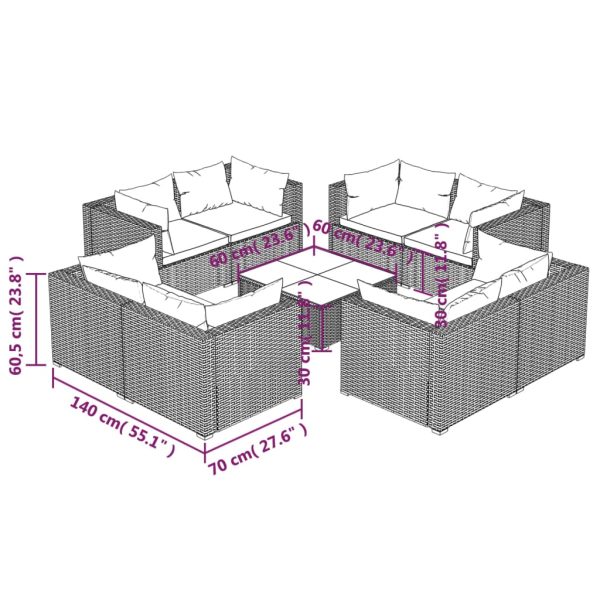 9-Delige Loungeset Met Kussens Poly Rattan - Afbeelding 7