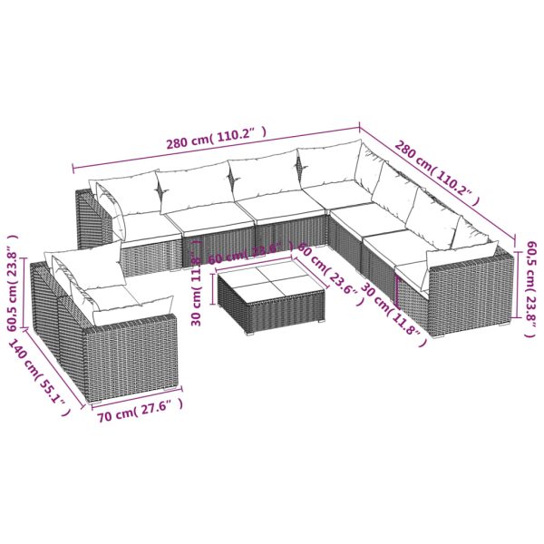 10-Delige Loungeset Met Kussens Poly Rattan - Afbeelding 6