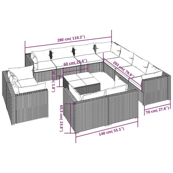 12-Delige Loungeset Met Kussens Poly Rattan - Afbeelding 9