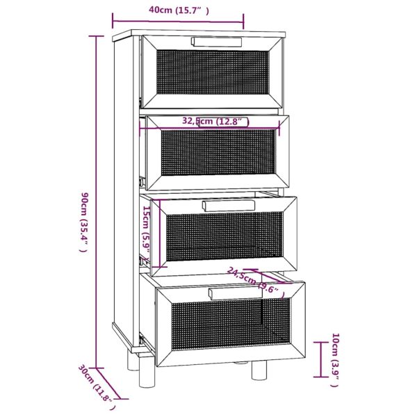 Dressoir 40X30X90 Cm Massief Grenenhout En Rattan - Afbeelding 8