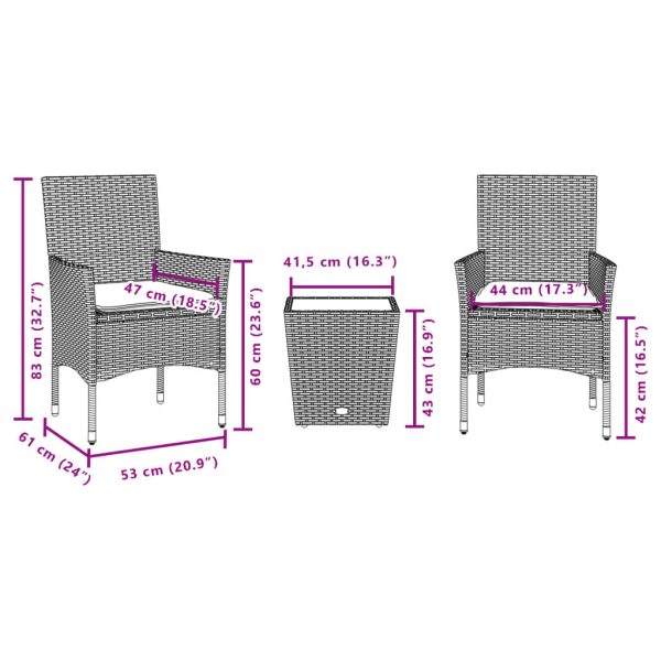 3-Delige Bistroset Met Kussens Poly Rattan En Glas - Afbeelding 7