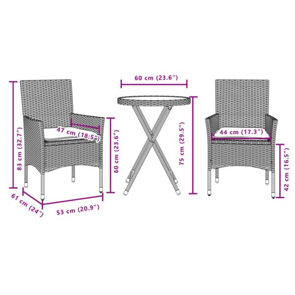 3-Delige Bistroset Met Kussens Poly Rattan En Glas - Afbeelding 7