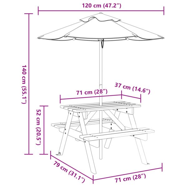 Picknicktafel Voor 4 Kinderen Met Parasol Massief Vurenhout - Afbeelding 11