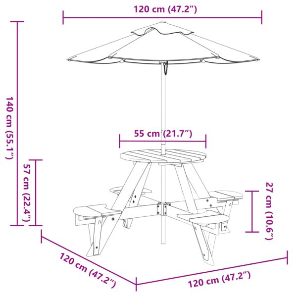 Picknicktafel Voor 4 Kinderen Met Parasol Rond Vurenhout - Afbeelding 11