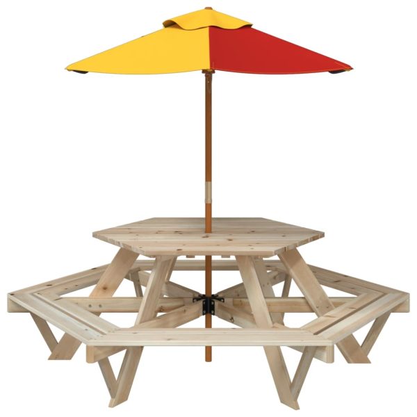 Picknicktafel Voor 4 Kinderen Met Parasol Zeshoekig Vurenhout - Afbeelding 3