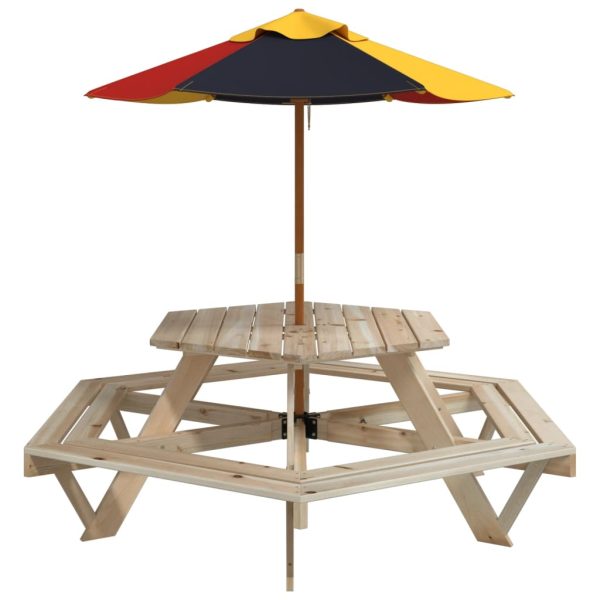 Picknicktafel Voor 4 Kinderen Met Parasol Zeshoekig Vurenhout - Afbeelding 4