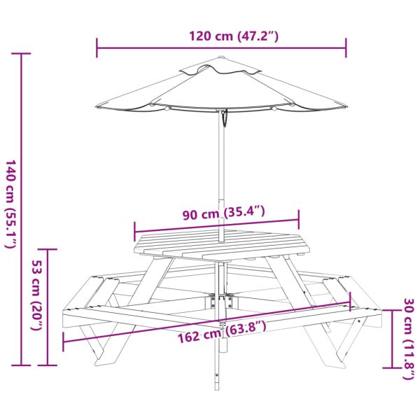 Picknicktafel Voor 4 Kinderen Met Parasol Zeshoekig Vurenhout - Afbeelding 11