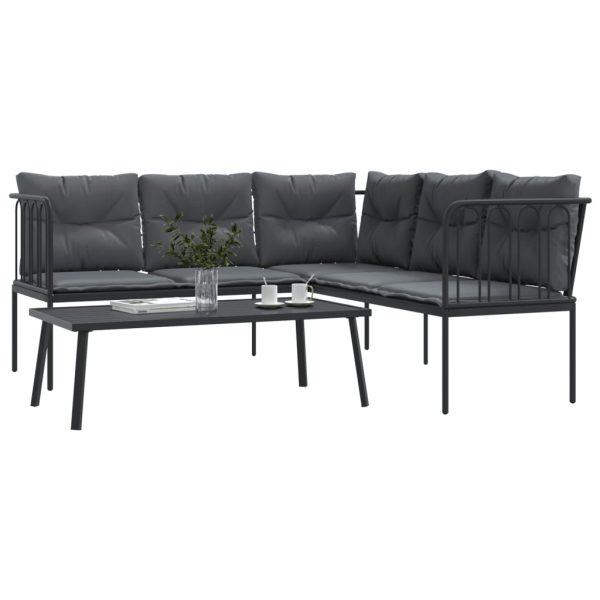 Loungeset Met Kussens Staal En Textileen Zwart - Afbeelding 4