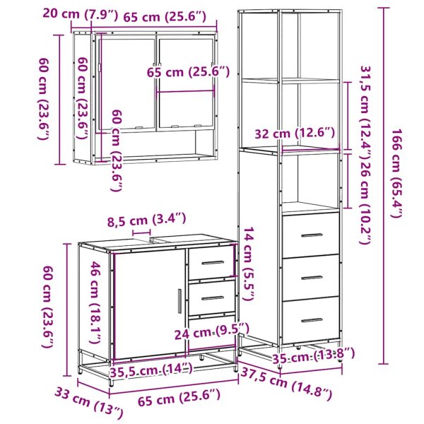 3-Delige Badkamermeubelset Bewerkt Hout - Afbeelding 11