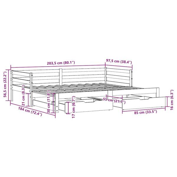 Slaapbank Onderschuifbed En Lades 90X200 Cm Grenenhout Wasbruin - Afbeelding 12