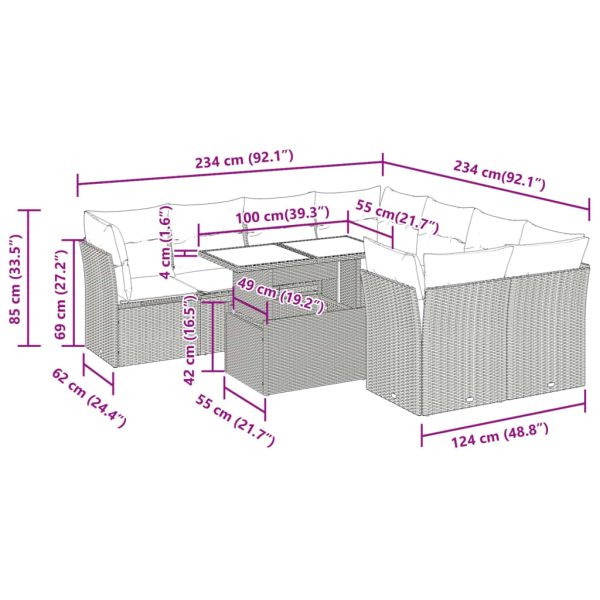 9-Delige Loungeset Met Kussens Poly Rattan - Afbeelding 11