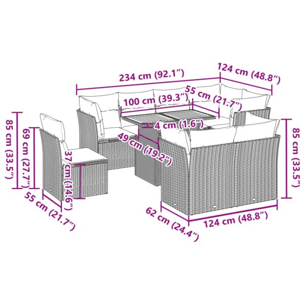 9-Delige Loungeset Met Kussens Poly Rattan - Afbeelding 11