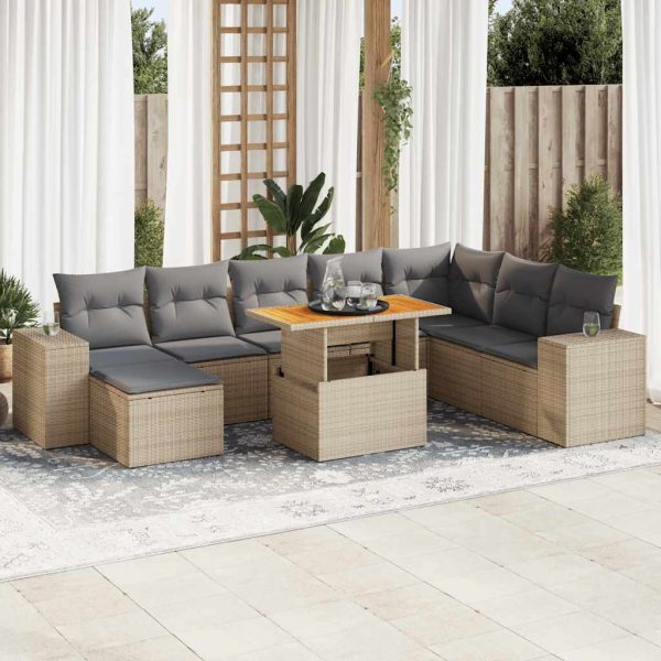 9-Delige Loungeset Met Kussens Poly Rattan Acacia - Afbeelding 13