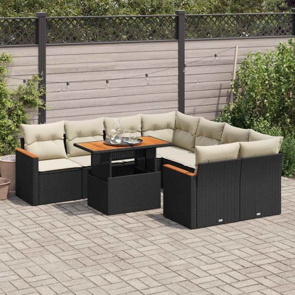 9-Delige Loungeset Met Kussens Poly Rattan Acacia - Afbeelding 14