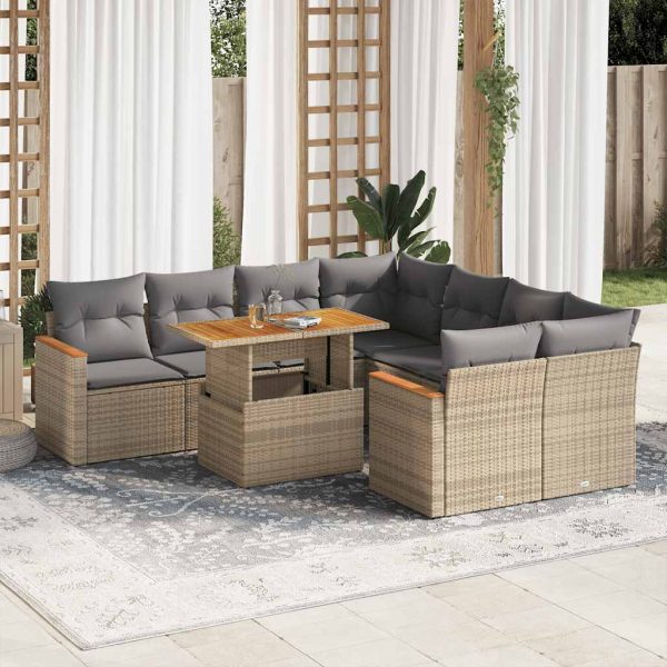 9-Delige Loungeset Met Kussens Poly Rattan Acacia - Afbeelding 15