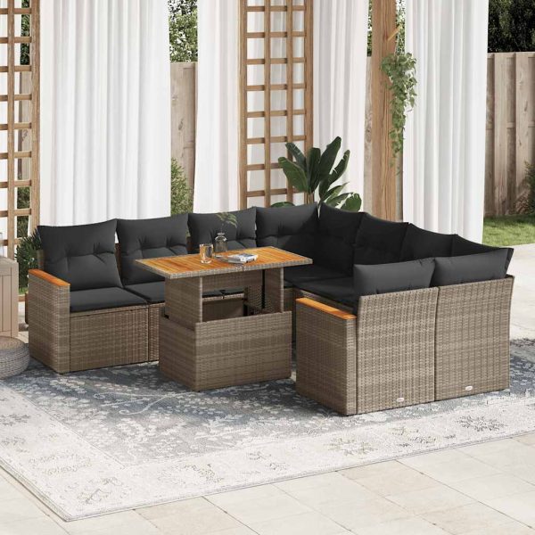 9-Delige Loungeset Met Kussens Poly Rattan Acacia - Afbeelding 13