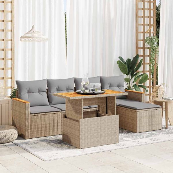 6-Delige Loungeset Met Kussens Poly Rattan Acacia - Afbeelding 15