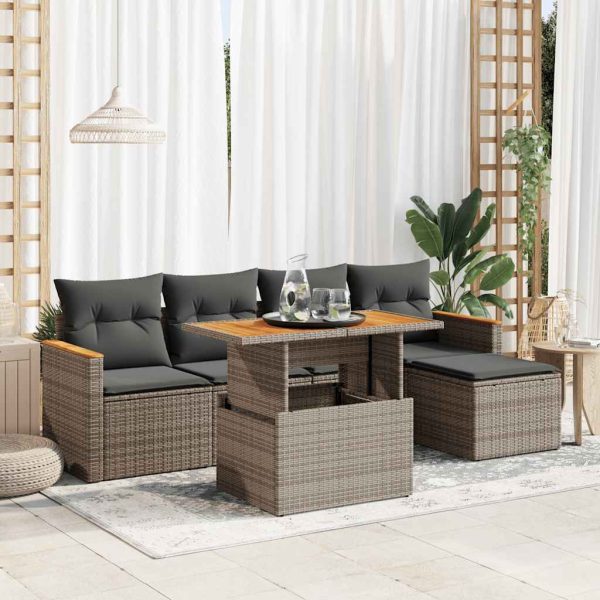 6-Delige Loungeset Met Kussens Poly Rattan Acacia - Afbeelding 14