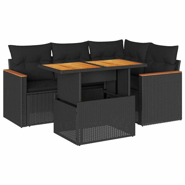 5-Delige Loungeset Met Kussens Poly Rattan Acacia - Afbeelding 2