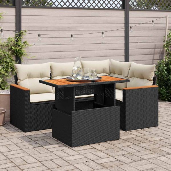 5-Delige Loungeset Met Kussens Poly Rattan Acacia - Afbeelding 14