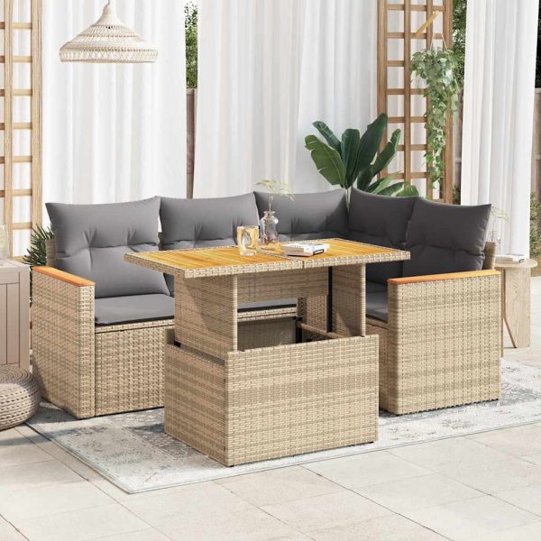 5-Delige Loungeset Met Kussens Poly Rattan Acacia - Afbeelding 15