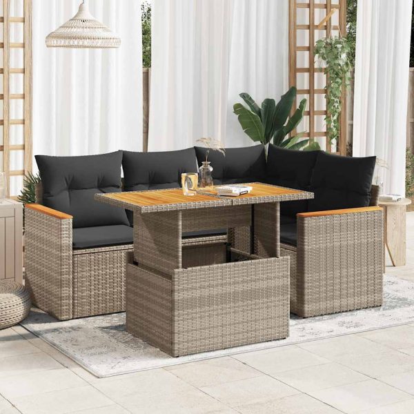 5-Delige Loungeset Met Kussens Poly Rattan Acacia - Afbeelding 13