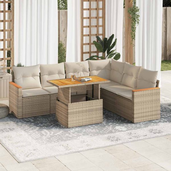 7-Delige Loungeset Met Kussens Poly Rattan Acacia - Afbeelding 16