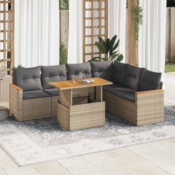 7-Delige Loungeset Met Kussens Poly Rattan Acacia - Afbeelding 15