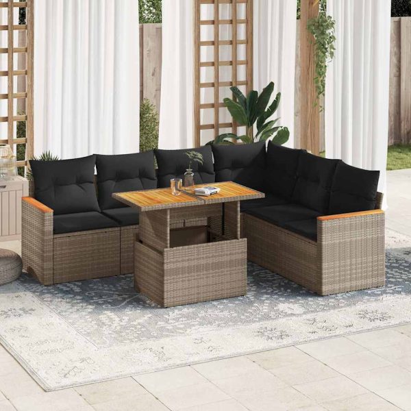 7-Delige Loungeset Met Kussens Poly Rattan Acacia - Afbeelding 13