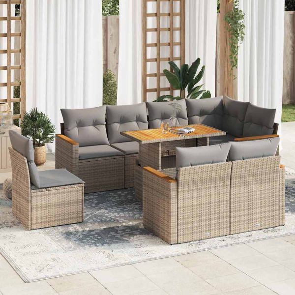 9-Delige Loungeset Met Kussens Poly Rattan Acacia - Afbeelding 15