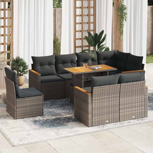 9-Delige Loungeset Met Kussens Poly Rattan Acacia - Afbeelding 13