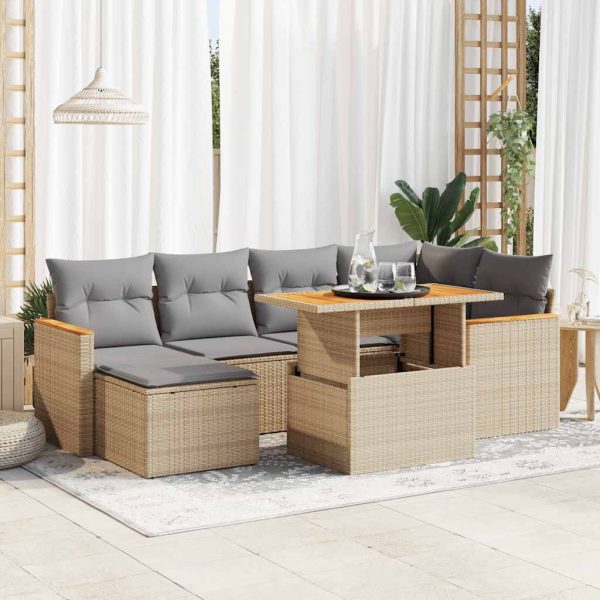 7-Delige Loungeset Met Kussens Poly Rattan Acacia - Afbeelding 13