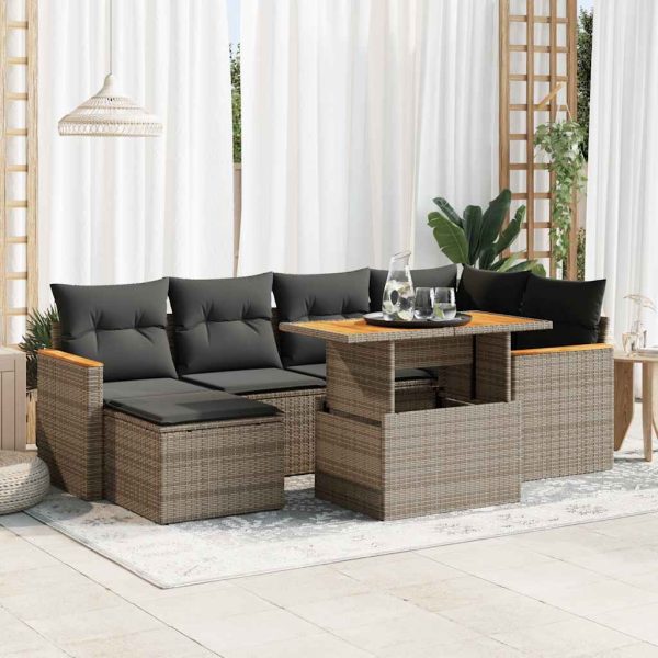 7-Delige Loungeset Met Kussens Poly Rattan Acacia - Afbeelding 16