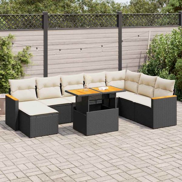 9-Delige Loungeset Met Kussens Poly Rattan Acacia - Afbeelding 13