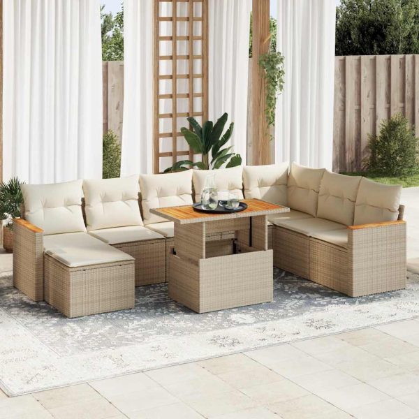 9-Delige Loungeset Met Kussens Poly Rattan Acacia - Afbeelding 16