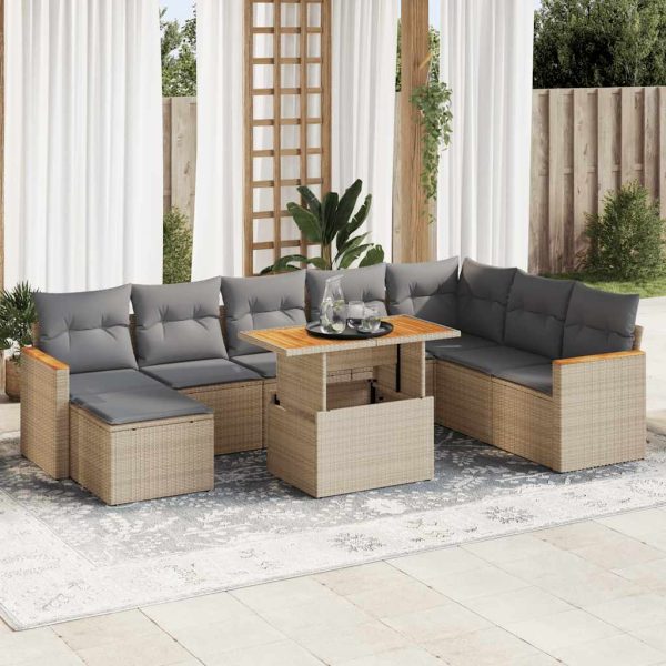 9-Delige Loungeset Met Kussens Poly Rattan Acacia - Afbeelding 15