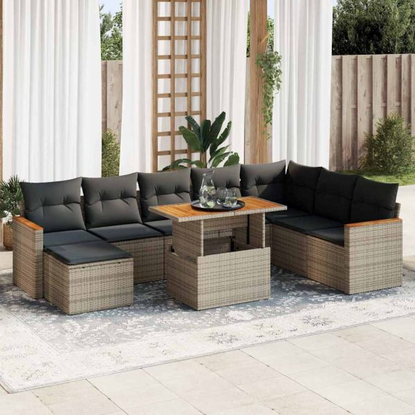 9-Delige Loungeset Met Kussens Poly Rattan Acacia - Afbeelding 14