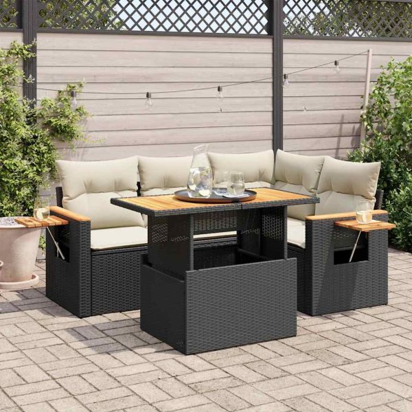 5-Delige Loungeset Met Kussens Poly Rattan Acacia - Afbeelding 13