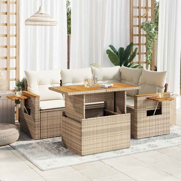 5-Delige Loungeset Met Kussens Poly Rattan Acacia - Afbeelding 15