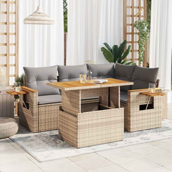 5-Delige Loungeset Met Kussens Poly Rattan Acacia - Afbeelding 16