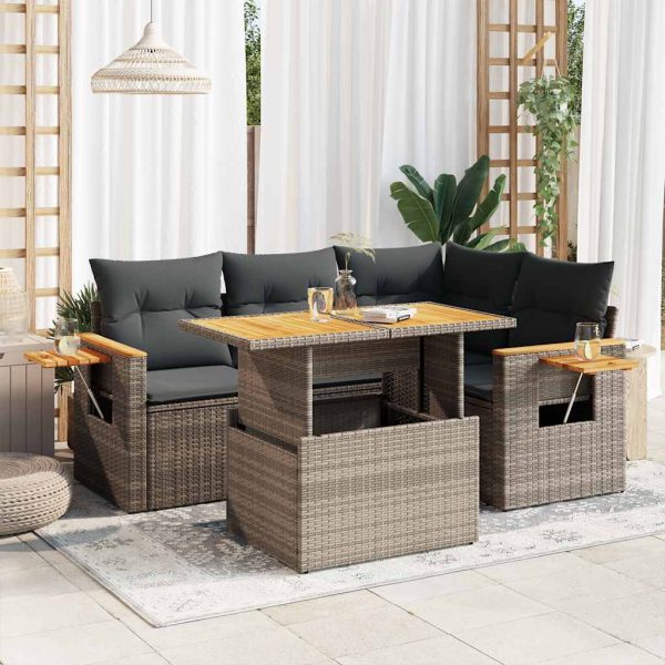 5-Delige Loungeset Met Kussens Poly Rattan Acacia - Afbeelding 14